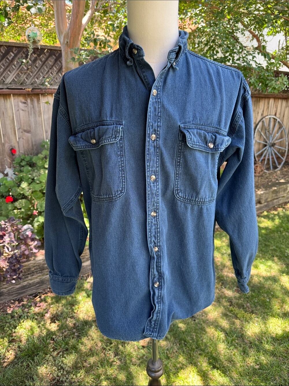 Vintage Anchor Blue WKWR Shirt Men's Size Large Blue Heavy Denim Button Up